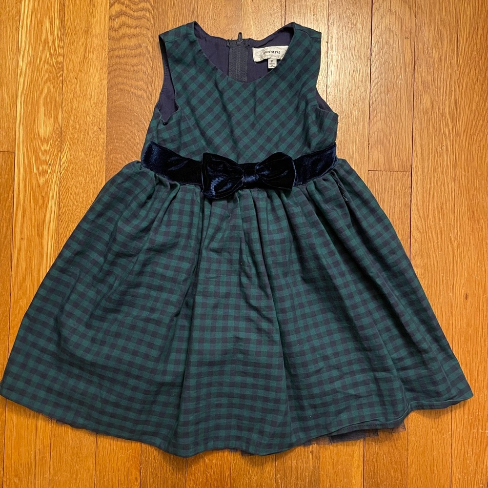 Popatu Kids Green & Navy Checked Sleeveless Dress w Velvet Sash & Bow, Size 3T